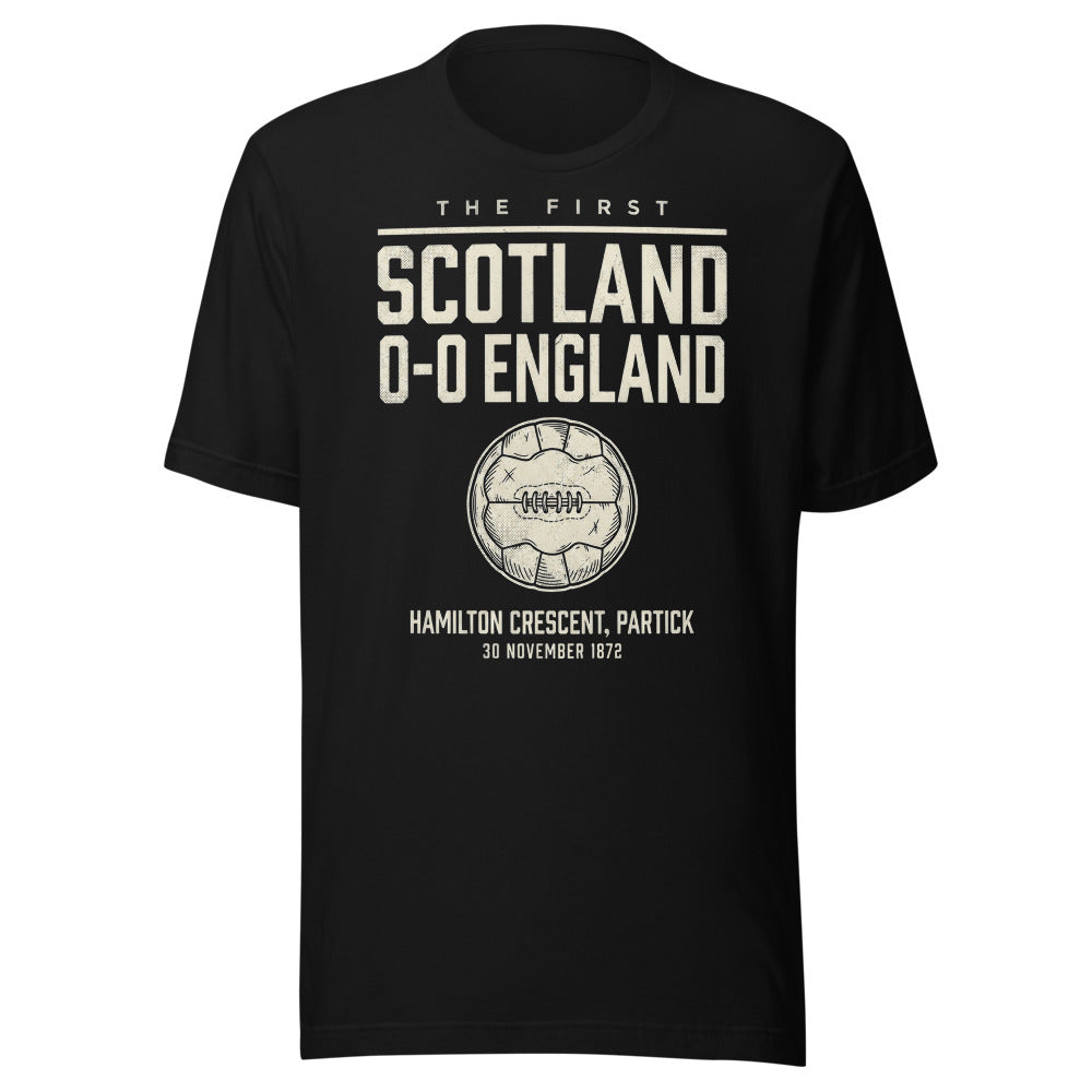 The First International Tee, black shirt, Scotland 0-0 England 1872 front print